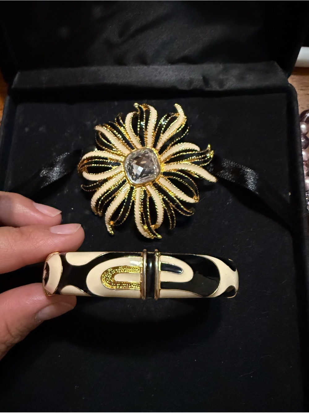 Gold-Tone Floral Crystal Brooch with Black and Cream Enamel bangle Bracelet